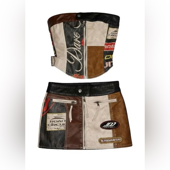 Jaded London Dresses & Skirts - Patchwork Racing Leather Skirt Set with Logos - Brown, Black, Cream
